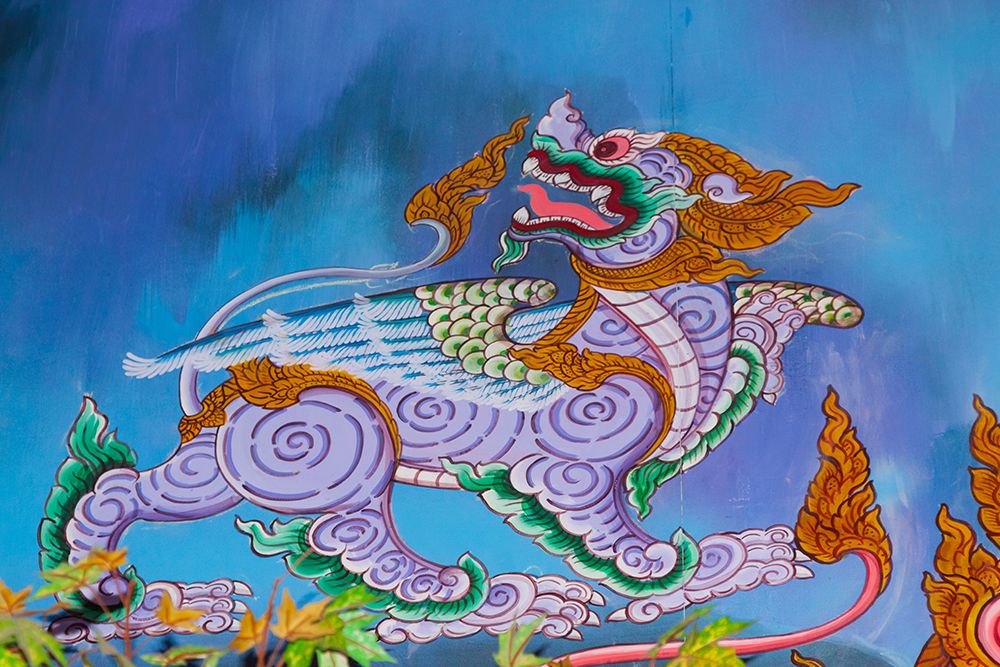 Thailand- Phuket. Mural of mythical creatures. Winged lion.